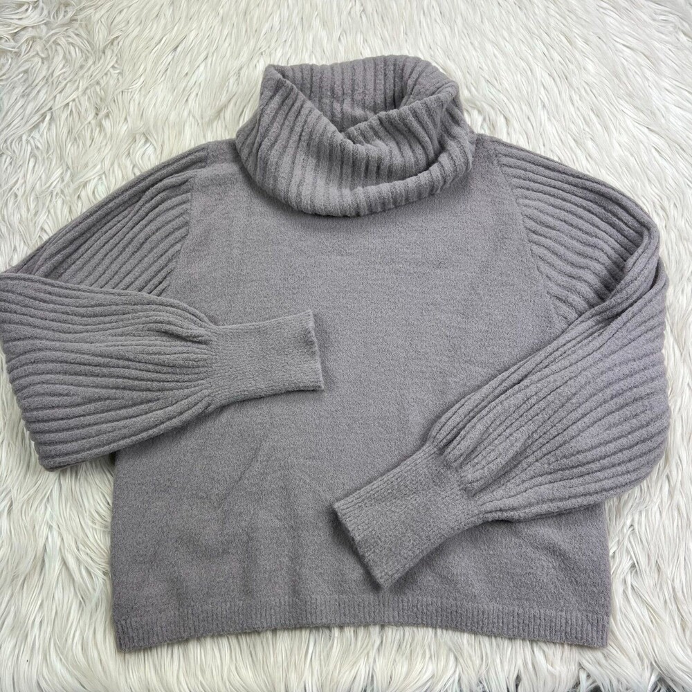 Gray Cowl Turtle Neck Pullover Sweater‎ Soft Ribbed Balloon Sleeves Women's LG